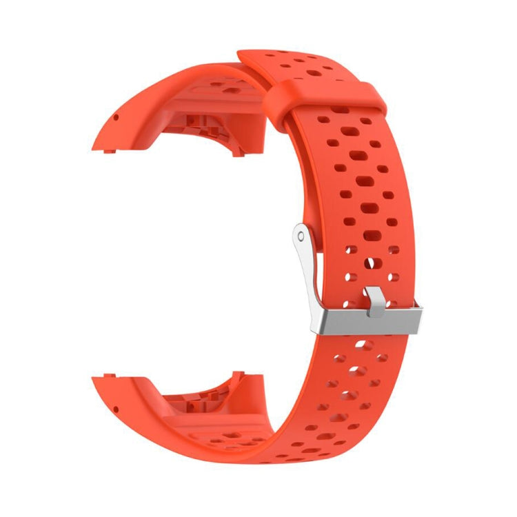 Orange silicone sport watch band with perforated pattern and silver metal buckle