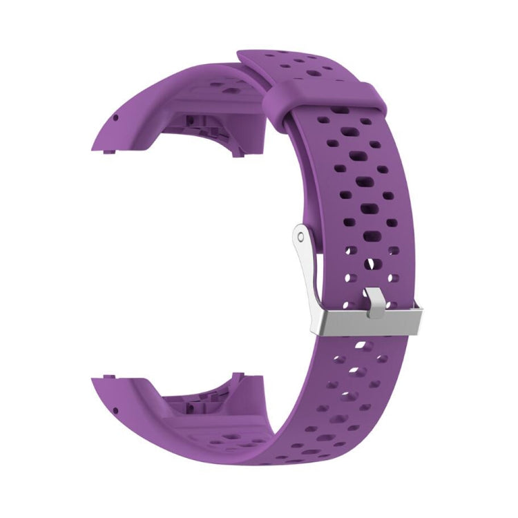 Purple silicone sport watch band with perforated pattern and silver metal buckle