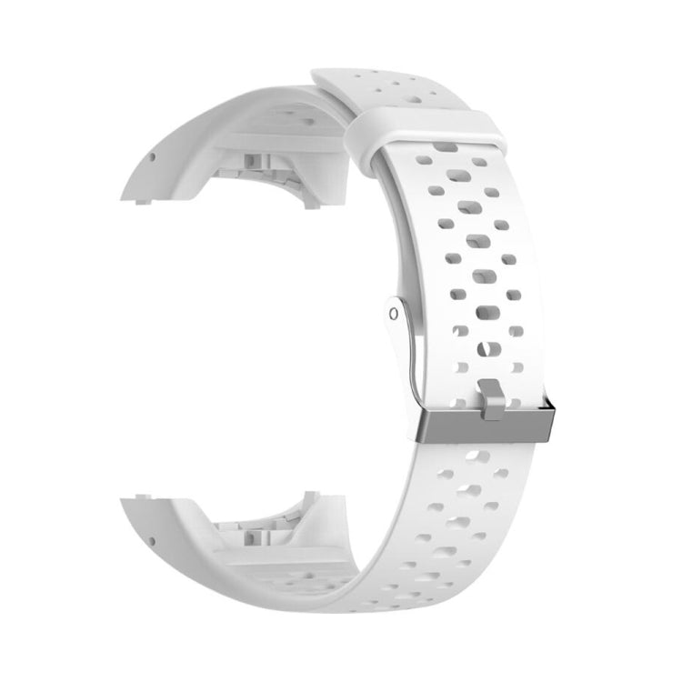 White silicone sport watch band with perforated pattern and silver metal buckle