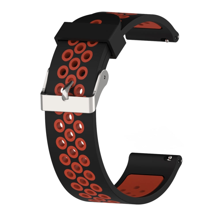 Silicone sport watch band with black strap, red patterned holes, silver clasp for 20mm