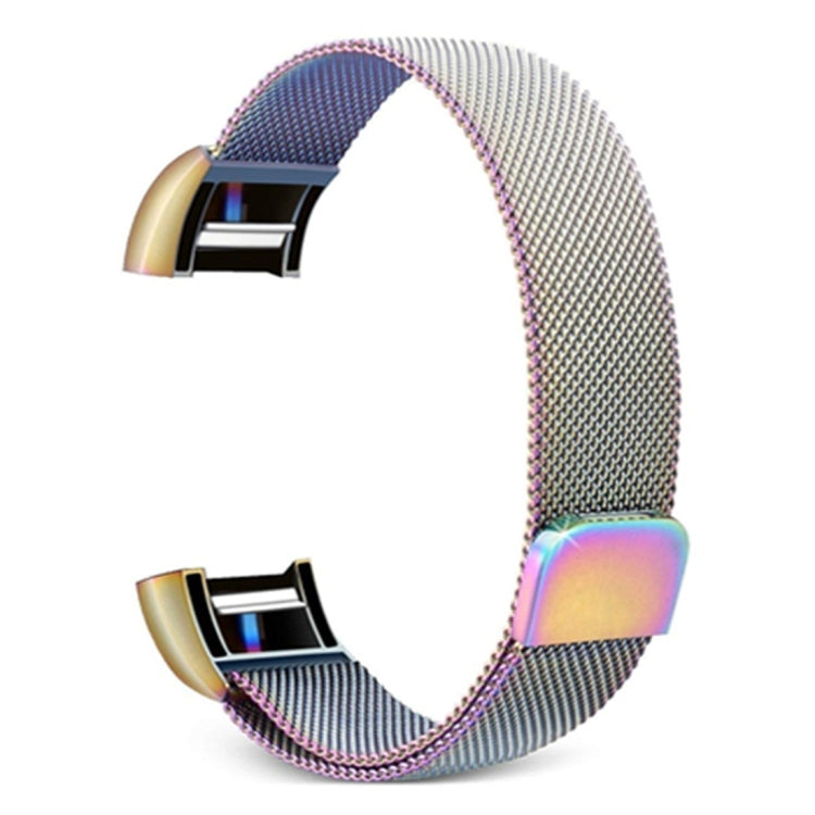 Iridescent stainless steel mesh smartwatch band with rainbow-toned clasp, size L