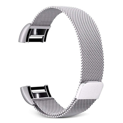 Stainless steel mesh smartwatch band, silver tone with metal clasp, size L