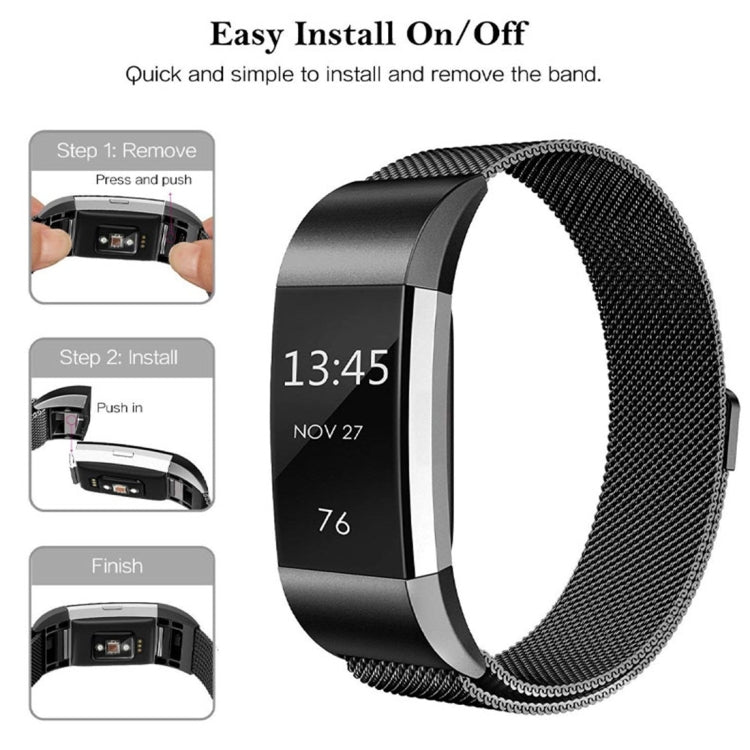Black stainless steel mesh smartwatch band with secure connector, size L