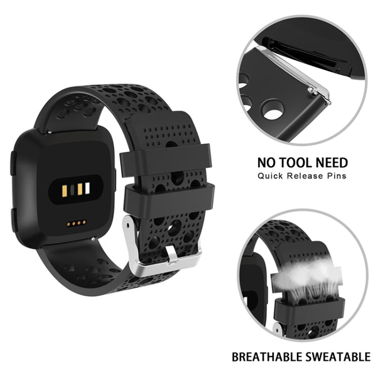 Breathable perforated watch band for Fitbit Versa with quick-release pins, black and gray