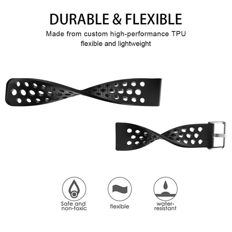 Black perforated vent watch band for Fitbit Versa with flexible loop holes and clasp