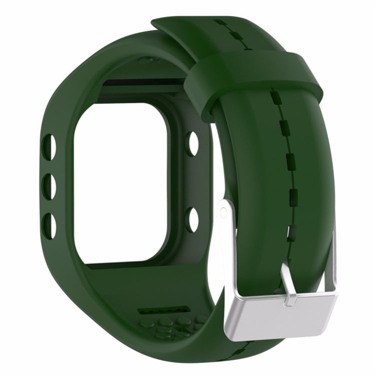 Army green silicone smartwatch band with metal buckle clasp and pin holes