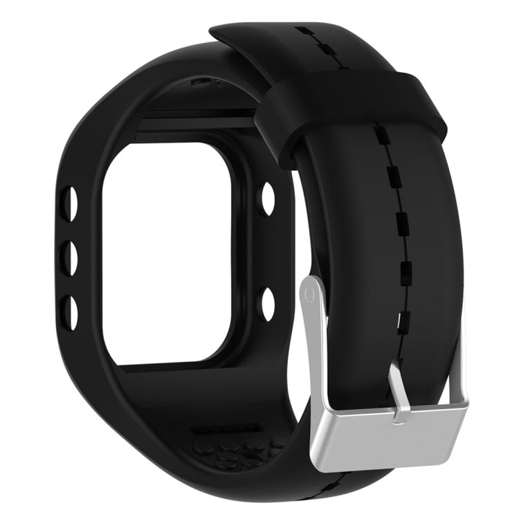 Black silicone smartwatch band with metal buckle clasp and pin holes