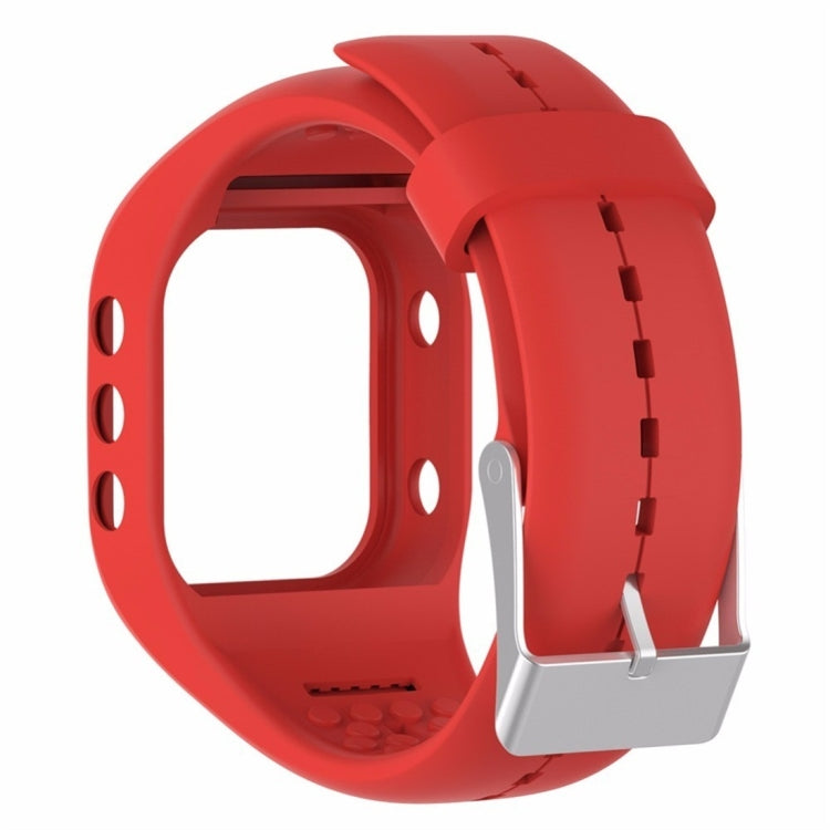 Red silicone smartwatch band with metal buckle and pin holes