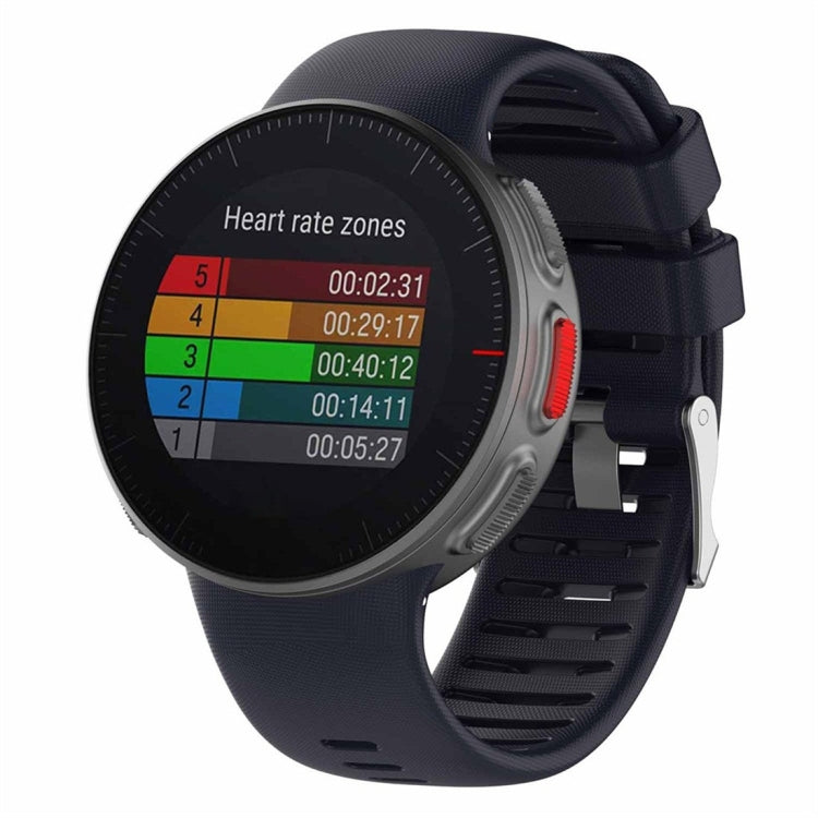 Navy smartwatch band with vented strap and buckle, shown with a dark watch display.