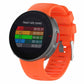 Orange silicone smartwatch band with vented strap and buckle, shown with a dark watch display.