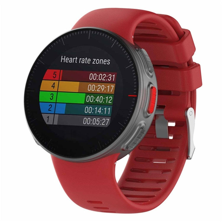 Red silicone smartwatch band with vented strap and buckle, shown with a dark watch display.