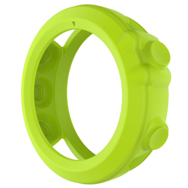 Silicone protective case for smart watch in bright green, side profile with circular openings.