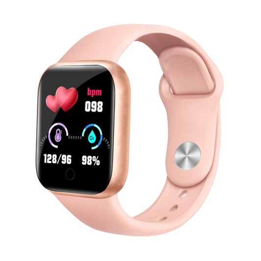 1.44-inch smart watch with pink silicone strap, black display showing heart and bpm