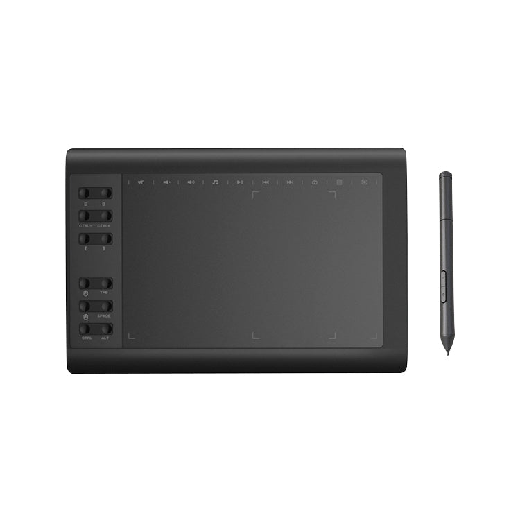 Graphics drawing tablet back view with side button panel and stylus
