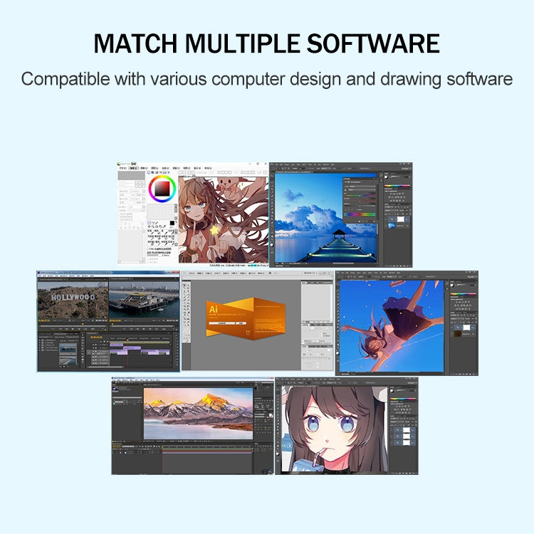 Digital drawing tablet with dark bezel and on-screen software thumbnails