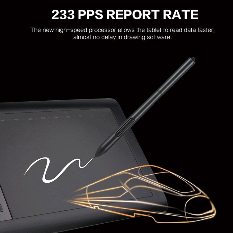 Drawing tablet with stylus tip over screen, glowing line marks