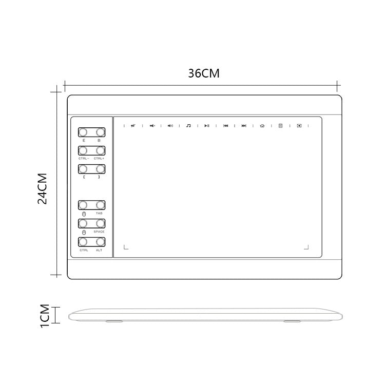 Drawing tablet dimensions with stylus shown; 36cm wide and 24cm tall