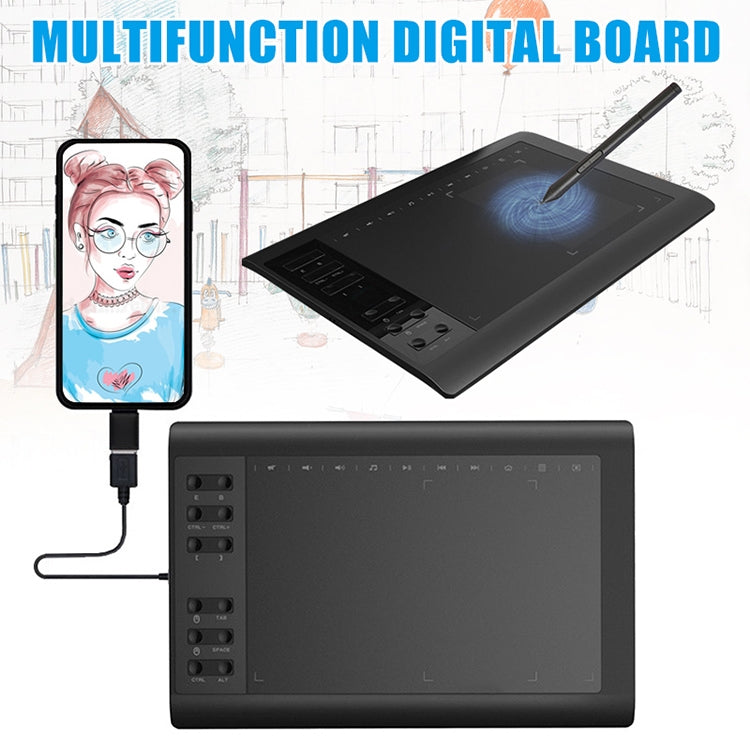 Drawing tablet with stylus and connected cable, tablet shown from front and back