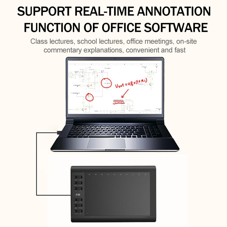 Digital drawing tablet shown with laptop screen for real-time annotations