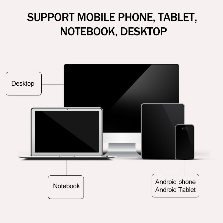 Drawing tablet shown with device compatibility icons for phones, tablets, and desktop