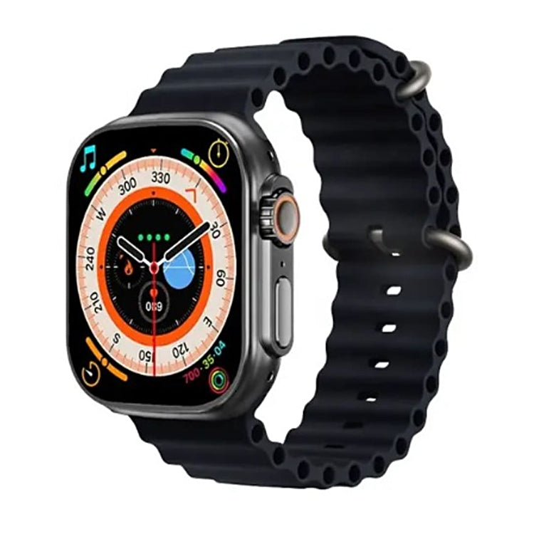 Smartwatch with black silicone band, colorful dial display and orange side crown