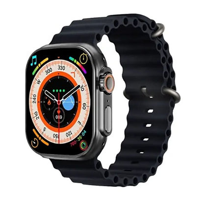 Smartwatch with black silicone band, colorful dial display and orange side crown