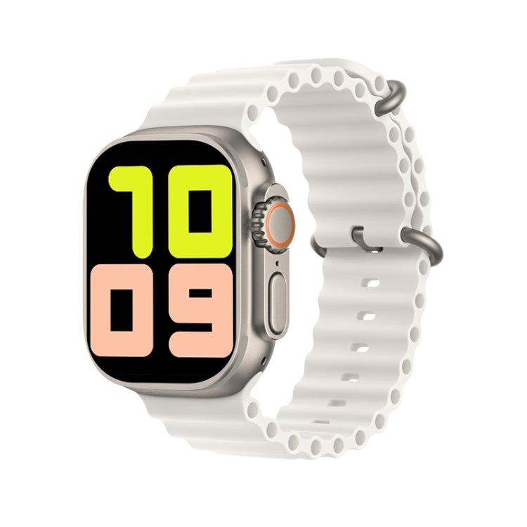 Smartwatch with white silicone band, large green time digits and date on screen