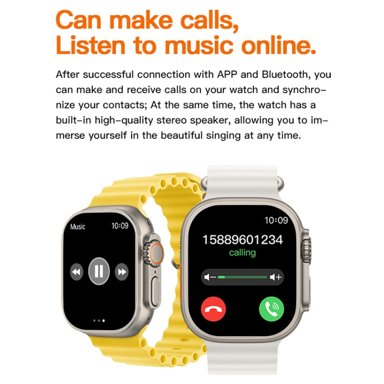 Two smartwatches with yellow and white silicone bands, one shows an incoming call