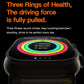 Black smartwatch with circular multicolor health rings on the display