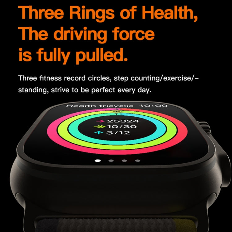Black smartwatch with circular multicolor health rings on the display