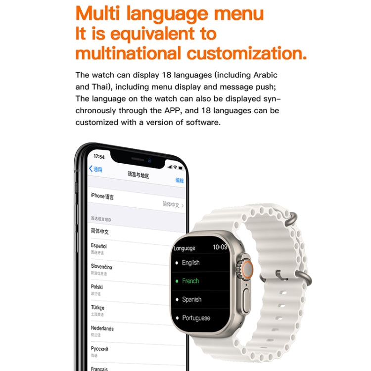 Smartwatch with white silicone band and silver case, rectangular display on screen