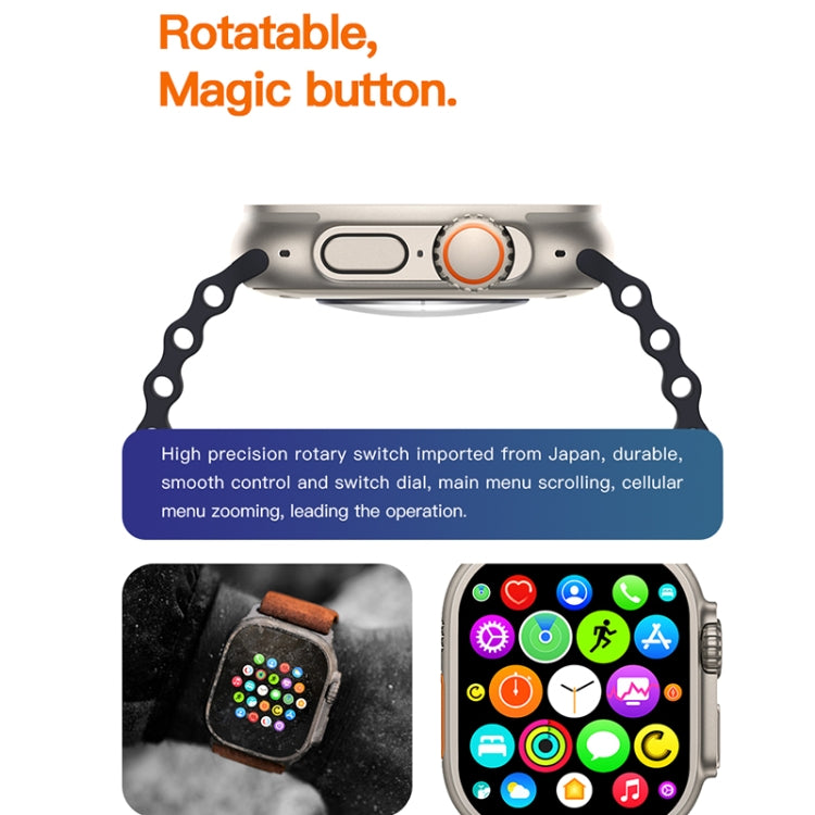 Smartwatch with gray case and orange side control, black silicone strap links