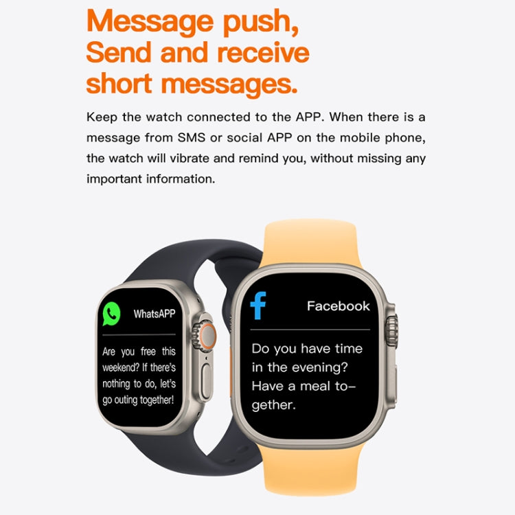 Two smartwatches with black and orange silicone bands, message icons on screens