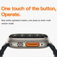 Smartwatch with silver case, orange side button, black silicone strap with rounded ends