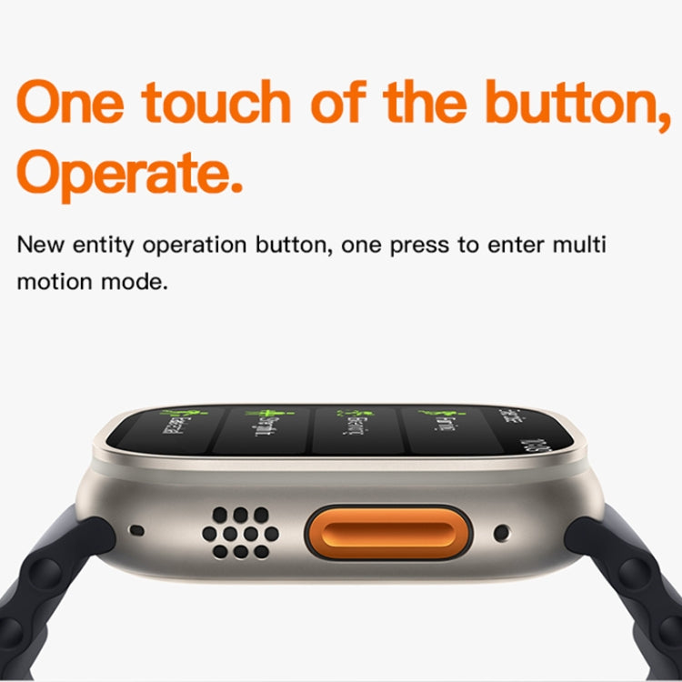 Smartwatch with silver case, orange side button, black silicone strap with rounded ends