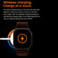 Smartwatch with dark screen and brown strap, showing charging symbol