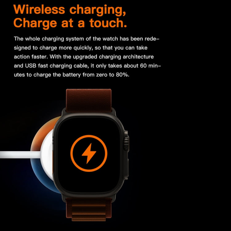 Smartwatch with dark screen and brown strap, showing charging symbol