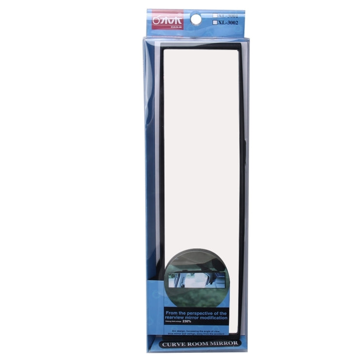 Packaged curved interior rearview mirror with black frame and clear window