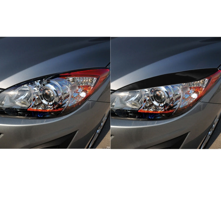 Side-by-side views of black headlight eyebrow trim installed on headlamp