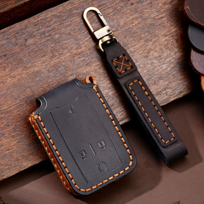 Black leather 4-button car key protective case with key ring and stitched edges