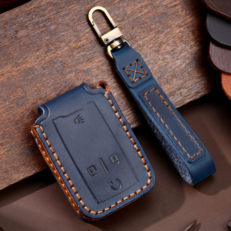 Blue leather 4-button car key protective case with key ring and stitched edges