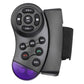 Car steering wheel remote controller with round button cluster, purple-lit base, black body