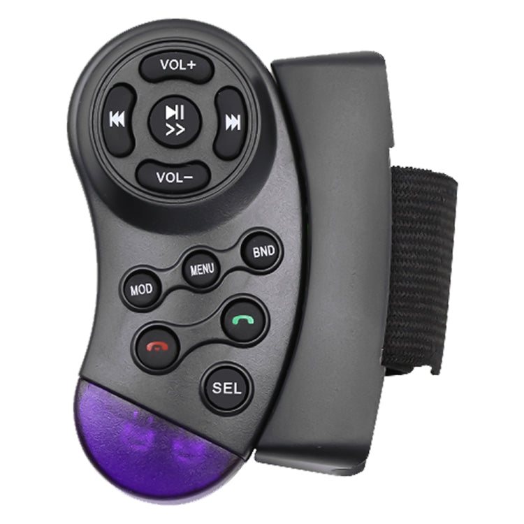 Car steering wheel remote controller with round button cluster, purple-lit base, black body