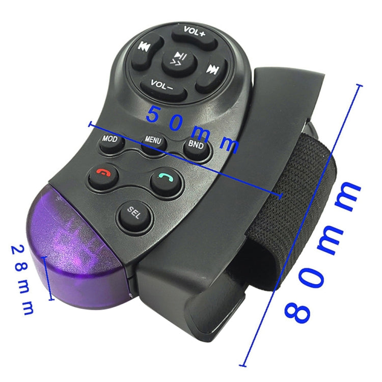 Car steering wheel remote controller with 11-button cluster and purple-lit base, black body