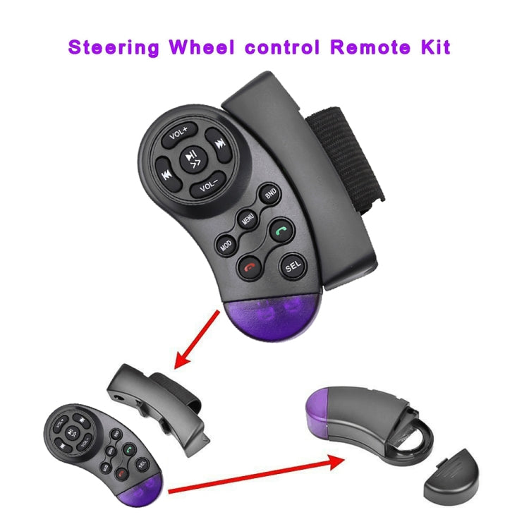 Steering wheel remote kit components with black controller, purple end cap, and clamps