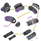 Remote controller parts diagram: black unit, purple panel, battery cover, screws