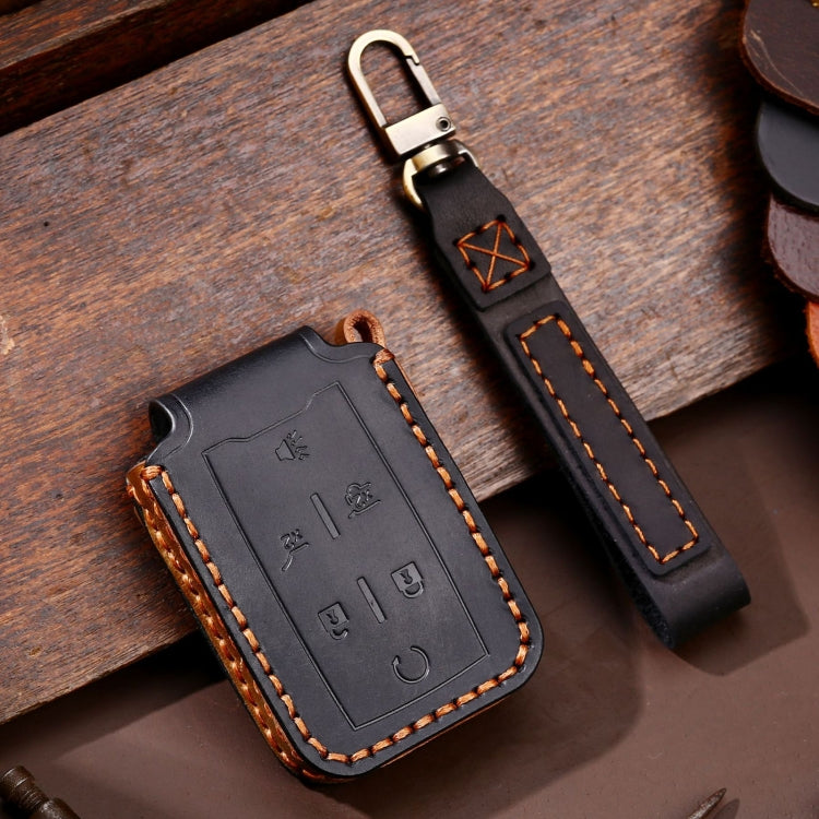 6-button leather car key protective case, black with brown contrast stitching