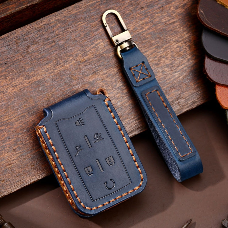 6-button leather car key protective case, blue with tan contrast stitching