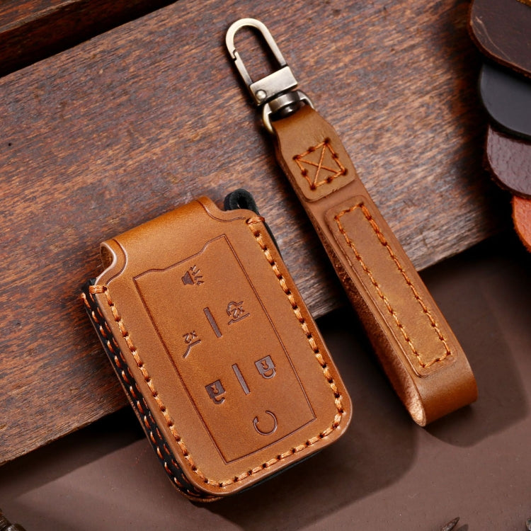 6-button leather car key protective case, brown with tan contrast stitching