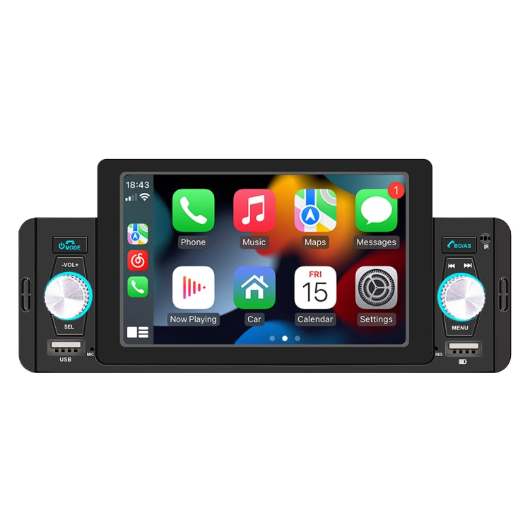 Car MP5 head unit with 5-inch touchscreen, dual side knobs, and front USB ports